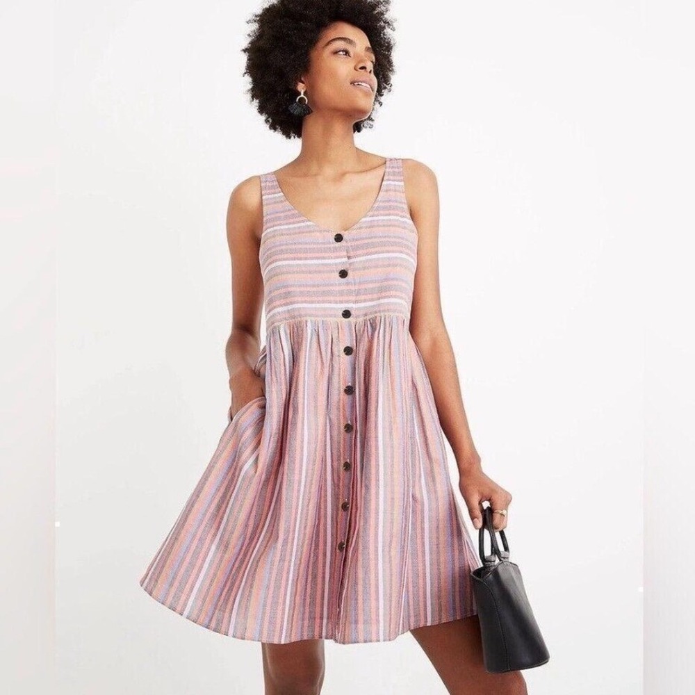 Madewell XXL Scoopneck Tank Dress in Rainbow Stripe Button-Front Babydoll Cotton - Picture 1 of 7
